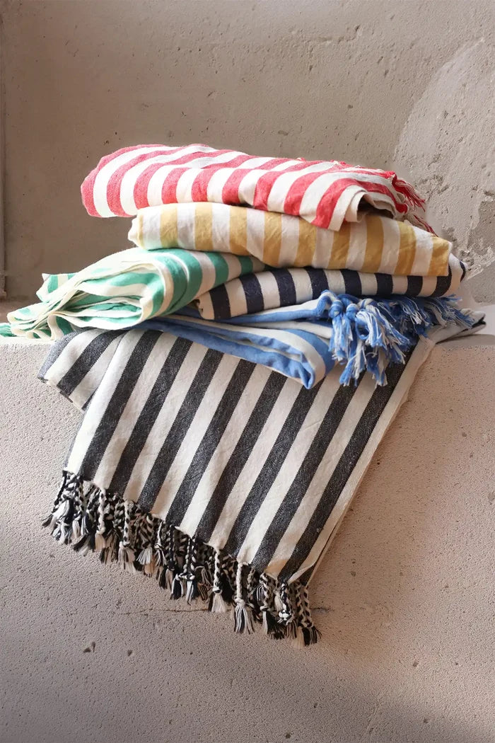 6 classic striped peshtemal towels stacked color collection. Handwoven Turkish cotton Denizli, OEKO-TEX. Vivamaison.