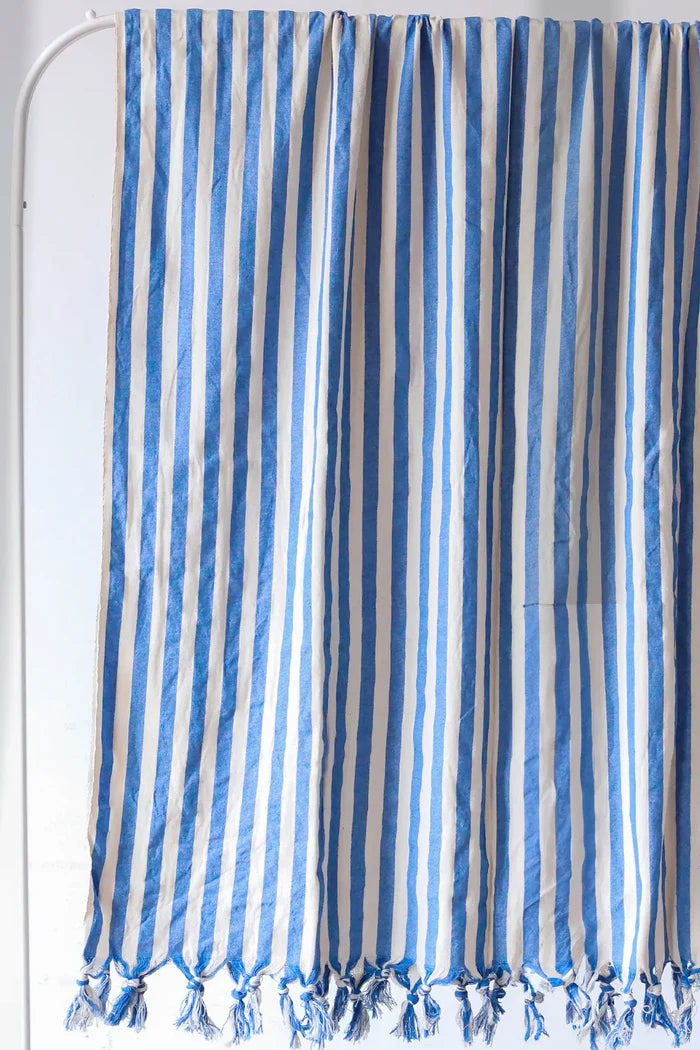 Blue classic striped peshtemal towel fringe detail closeup. Handwoven Turkish cotton Denizli, OEKO-TEX. Vivamaison.