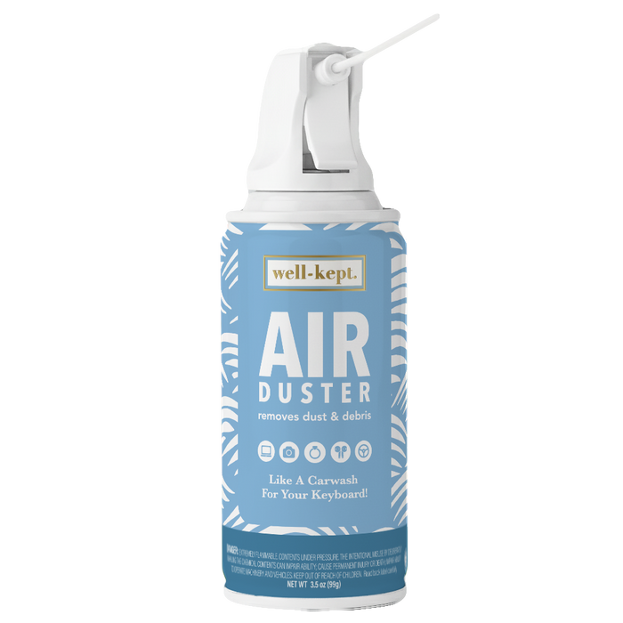 Blue wave print Well-Kept Air Duster spray can, removes dust and debris, "Like A Carwash For Your Keyboard," product cutout