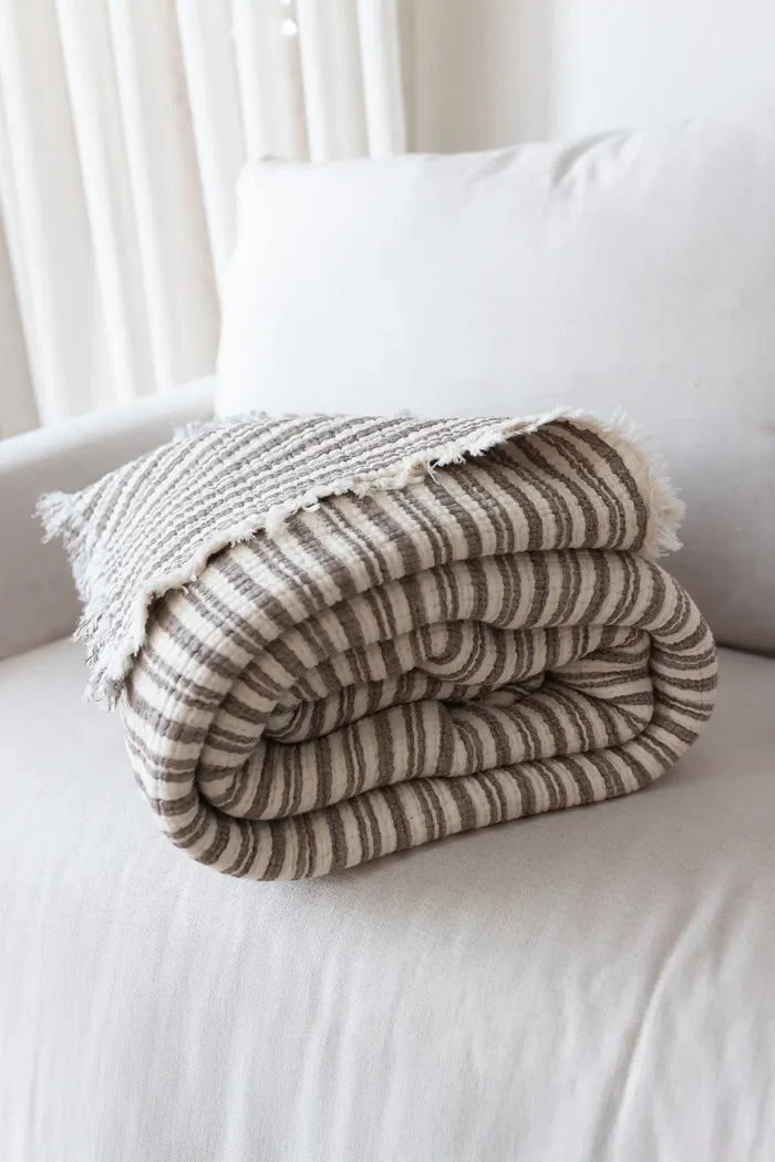 Dark Brown Striped handwoven 8-layer muslin Turkish cotton quilt detail. Hand-tied fringe Denizli, OEKO-TEX. Vivamaison.