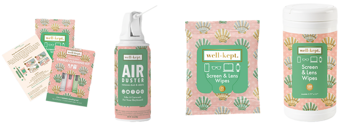 Shell print Well-Kept Harbour Island bundle: Little Buddies earbud cleaning kit box, Air Duster spray can, screen and lens wipes pack, and wipes canister, product cutouts