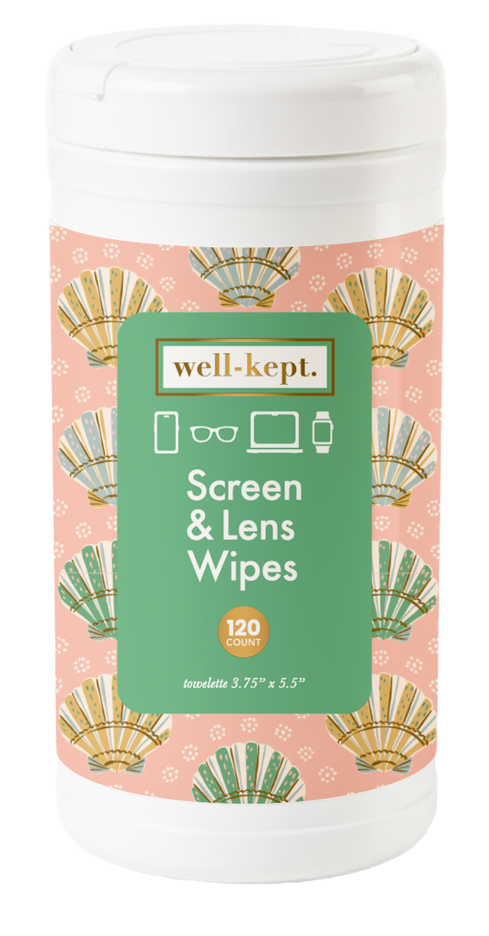 Pink shell print Well-Kept screen and lens wipes canister, 120-count, product cutout
