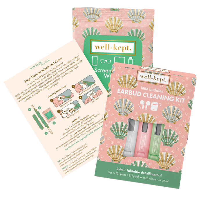 Shell print Well-Kept Little Buddies earbud cleaning kit box with its instructions insert card and a screen and lens wipes pack, 3-in-1 foldable detailing tool set, product cutouts
