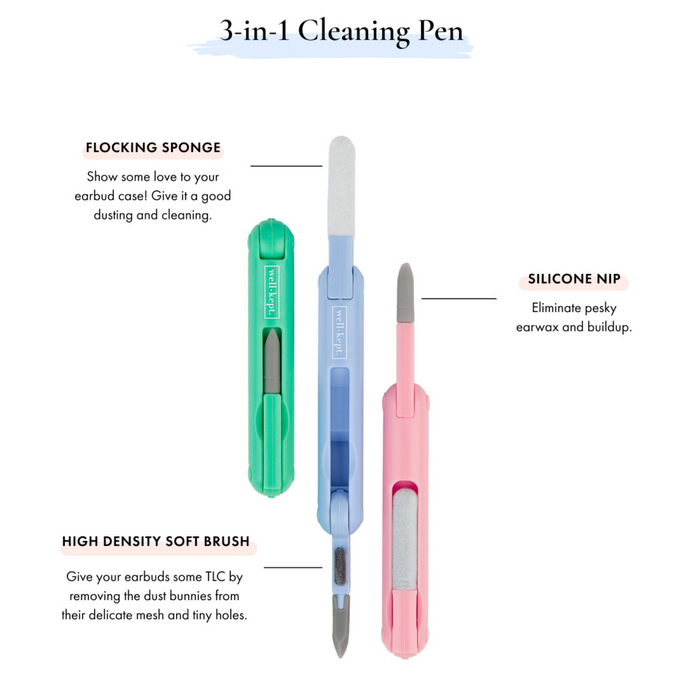 The Better Days- Bundle includes three colorful 3-in-1 earbud cleaning kits with a flocking sponge, silicone nip, and high-density soft brush—ideal for tech wipes or removing dust like an air duster.