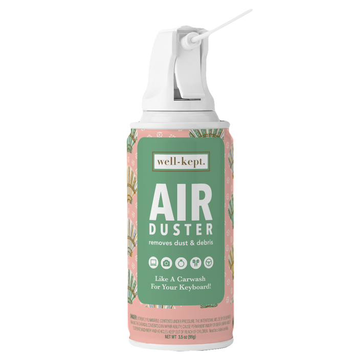 Sage green and pink botanical leaf print Well-Kept Air Duster spray can, removes dust and debris, "Like A Carwash For Your Keyboard," product cutout