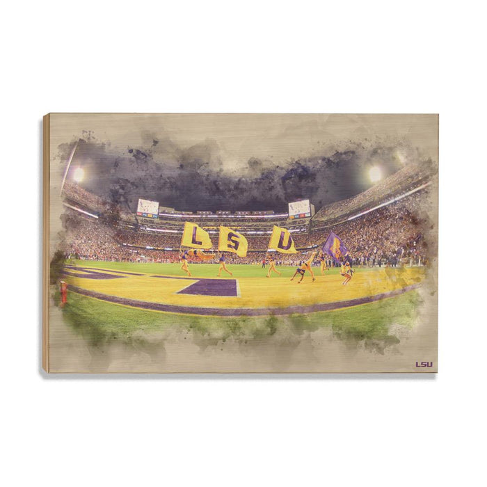 LSU Tigers - Tiger Stadium Watercolor - College Wall Art #Wood