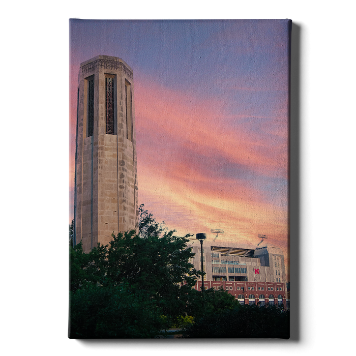 Nebraska Cornhuskers - Sunset, Mueller Tower and Memorial - College Wall Art #Canvas