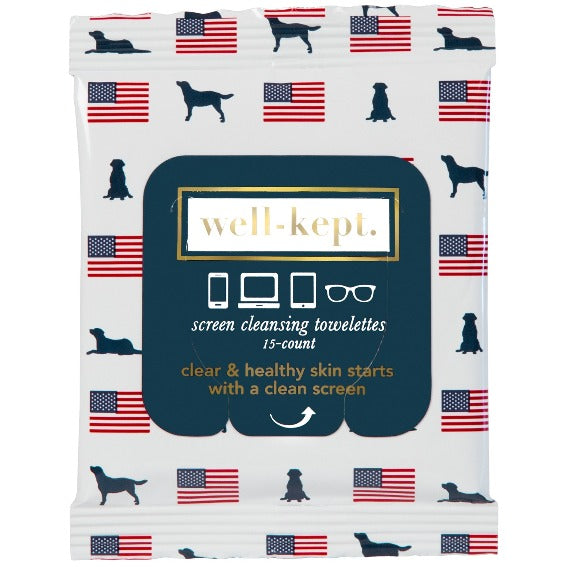 Packaging of 'Old Glory' screen cleansing towelettes with American flags and silhouette patterns