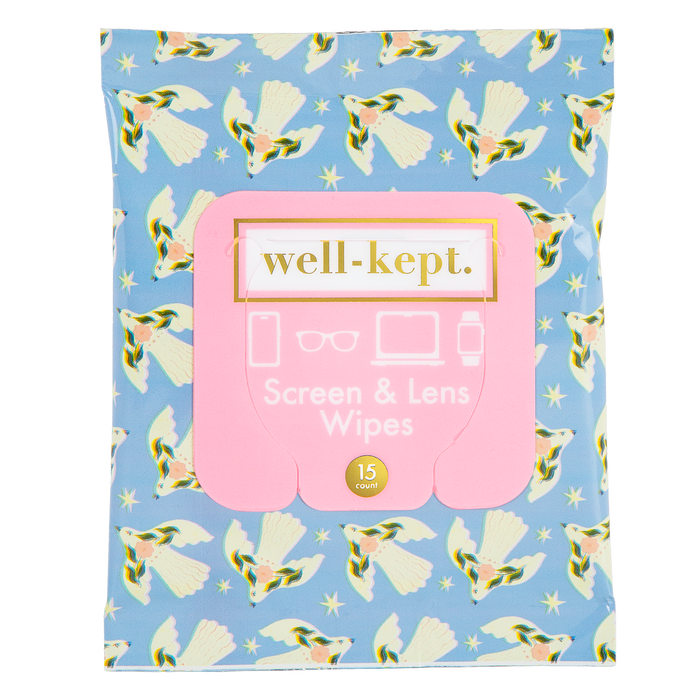 Blue floral bird print Well-Kept screen and lens wipes pack, 15-count, product cutout
