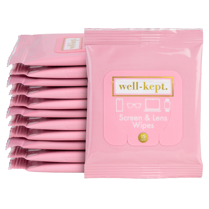 Stack of solid pink Well-Kept screen and lens wipes packs, 12-pack, product cutout