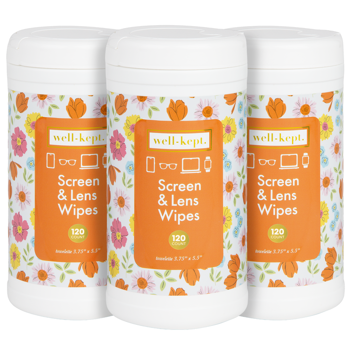Three floral print Well-Kept screen and lens wipes canisters, 120-count, product cutout