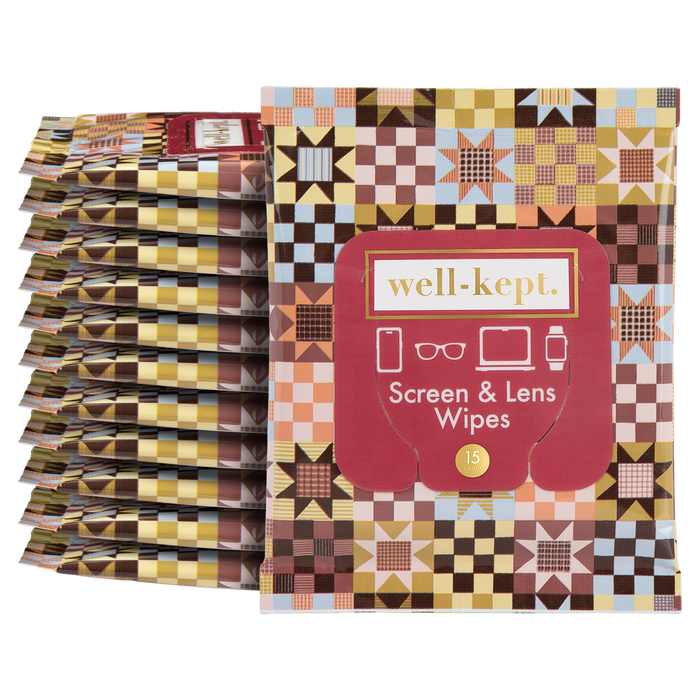 Stack of quilt patchwork print Well-Kept screen and lens wipes packs, 12-pack, product cutout