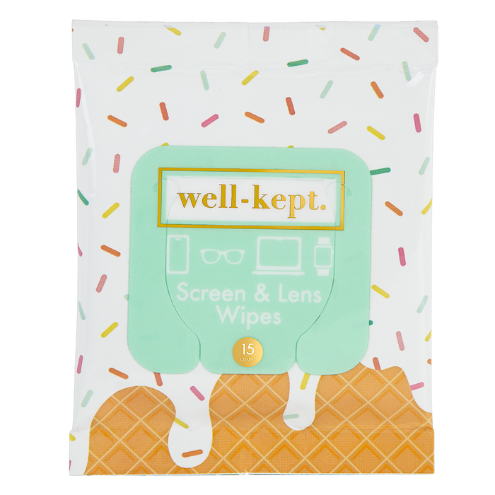 Ice cream sundae and sprinkles print Well-Kept screen and lens wipes pack, 15-count, product cutout