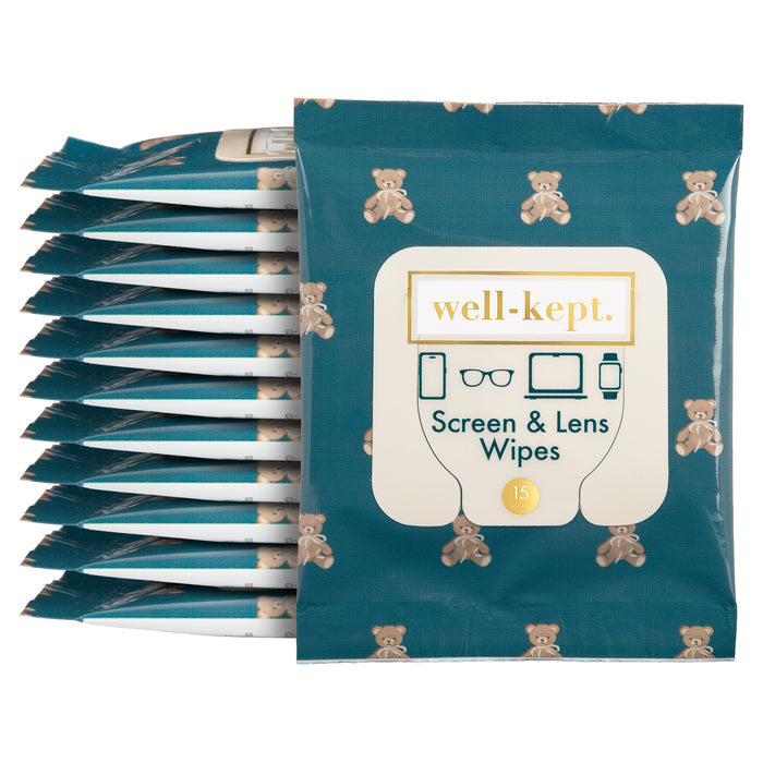 Stack of teddy bear print Well-Kept screen and lens wipes packs, 12-pack, product photo