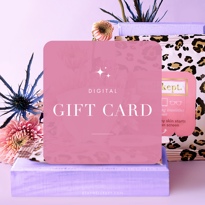 The Well-Kept Gift Card features a pink digital card over floral and leopard print boxes on a pastel background—ideal for instant email delivery and effortless, screen-friendly gifting.