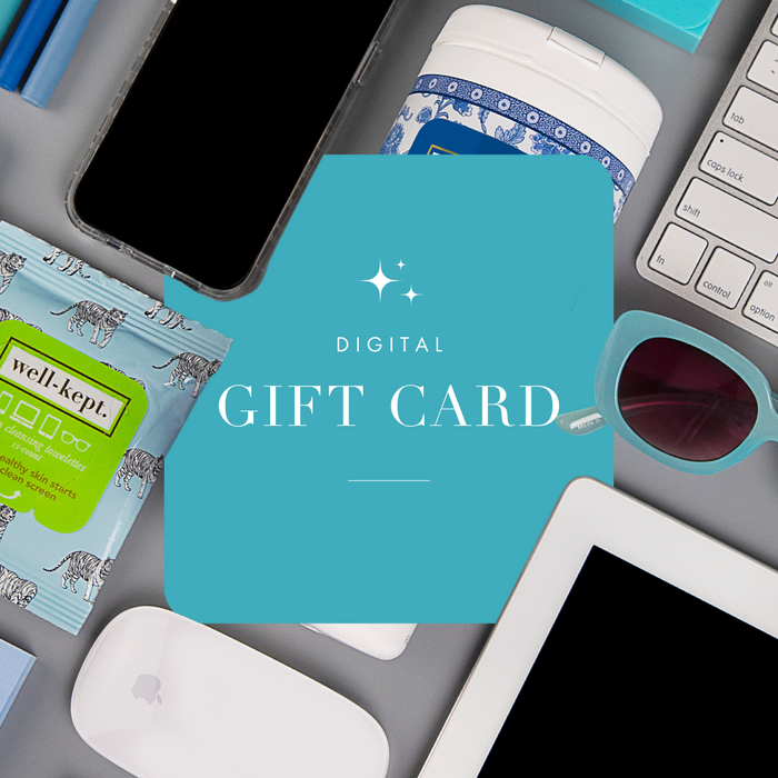 A teal "Well-Kept Gift Card" sign hovers over electronics, sunglasses, and screen wipes on a gray background—ideal for fast email delivery.