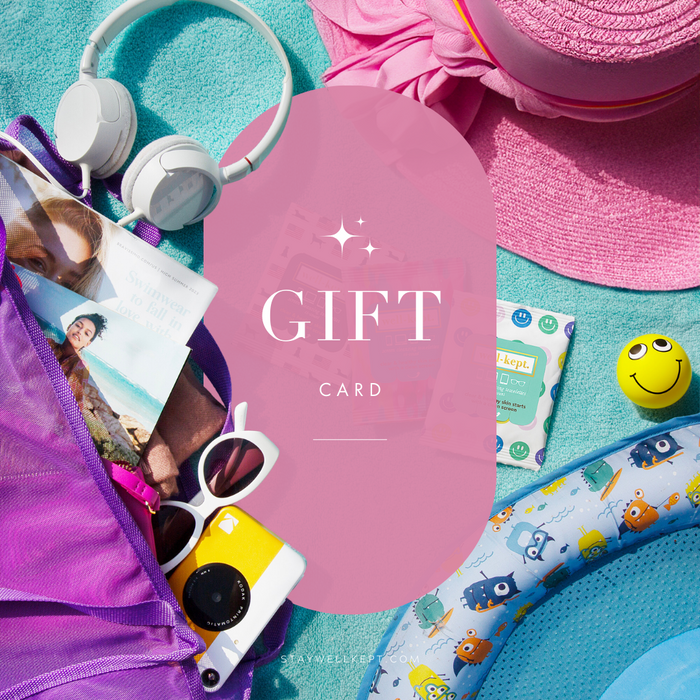 A vibrant "Well-Kept Gift Card" graphic over summer beach essentials—hat, headphones, sunglasses, camera, pool float, and magazine—offers the convenience of fast email delivery as a digital gift.