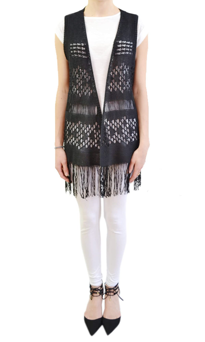 Women's Black Sleeveless Collared Knit Cardigan
