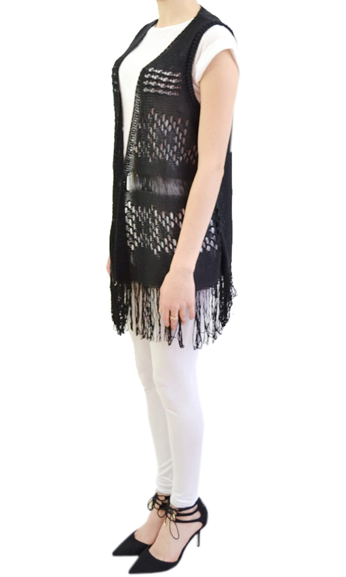 Women's Black Sleeveless Collared Knit Cardigan