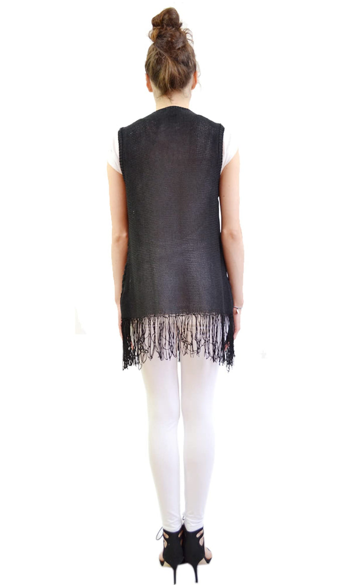 Women's Black Sleeveless Collared Knit Cardigan